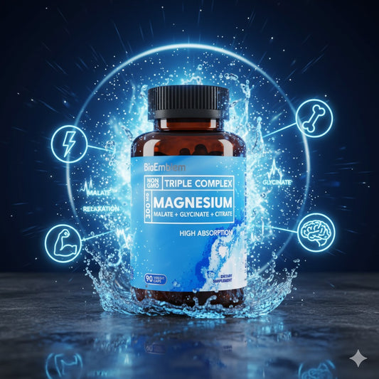 BioEmblem Complejo triple de magnesio de alta absorción 300 mg | Glicinato de magnesio para nervios, malato para energía, suplemento para apoyar la salud muscular | Vegano, sin OMG, 90cápsulas (Importado de 🇺🇸)