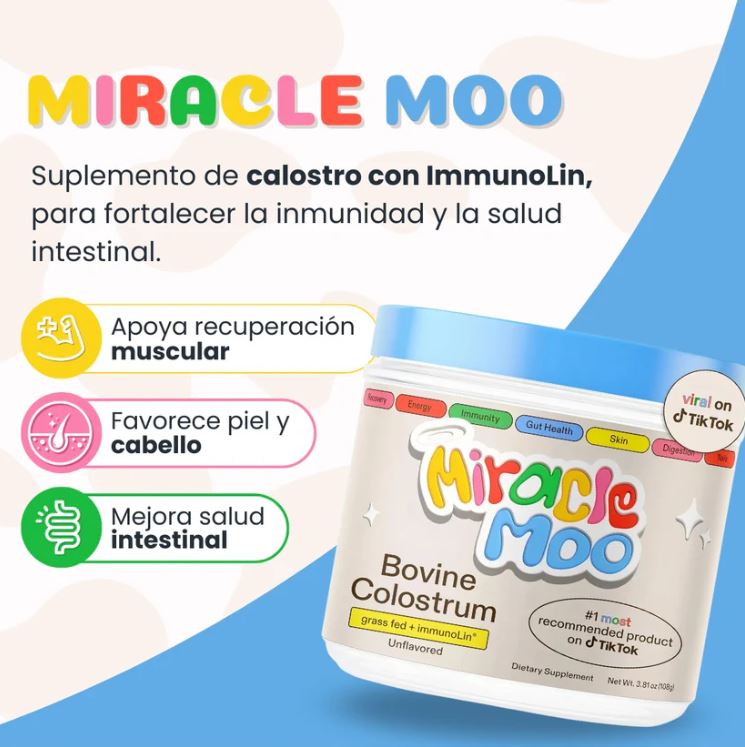Miracle Moo™ 🌟🥛 Suplemento de Colostrum + Immunolin: Fortalece el sistema inmune, mejora tu salud intestinal y tu cabello piel y uñas.