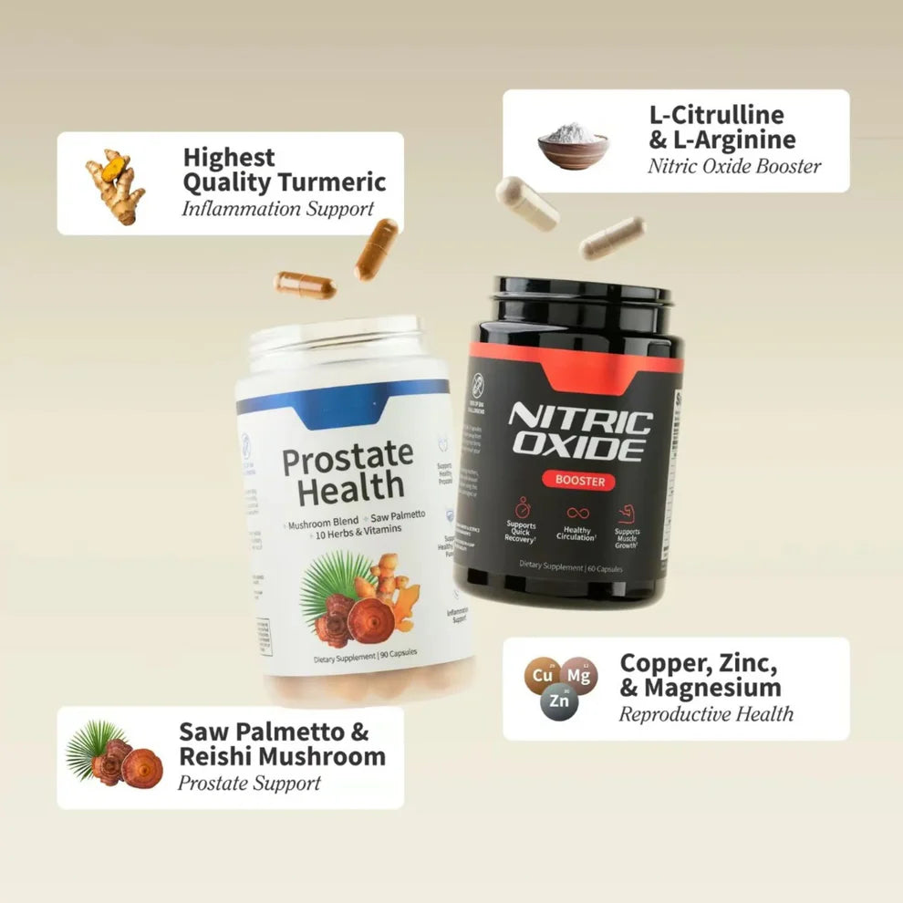 Nitric Oxide Booster™ + Prostate Health en pack 2x1: con Saw Palmetto 🌴, Hongos medicinales, Licopeno, L-Arginina ⚡ y Beta-Alanina 🔥 (120 cápsulas)