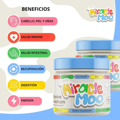 Miracle Moo™ 🌟🥛 Suplemento de Colostrum + Immunolin: Fortalece el sistema inmune, mejora tu salud intestinal y tu cabello piel y uñas.
