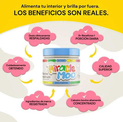 Miracle Moo™ 🌟🥛 Suplemento de Colostrum + Immunolin: Fortalece el sistema inmune, mejora tu salud intestinal y tu cabello piel y uñas.