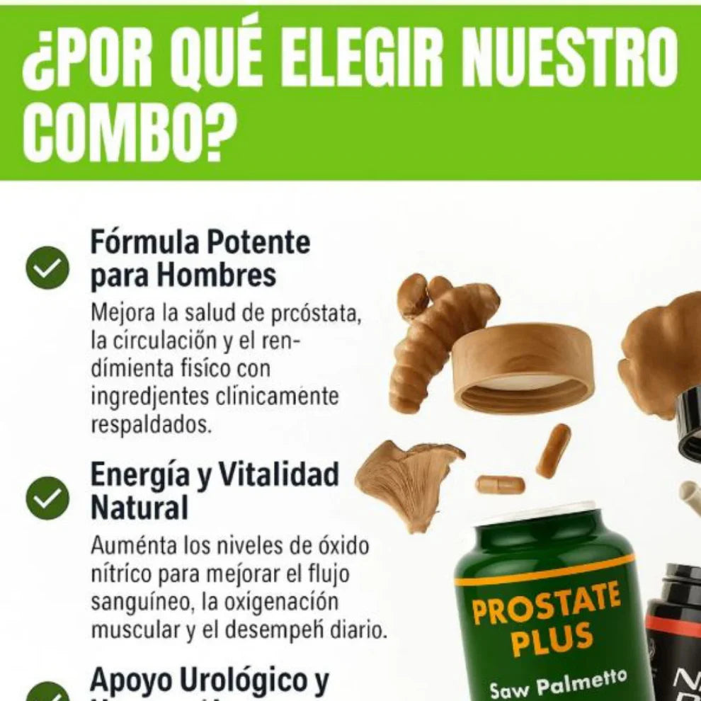 Nitric Oxide Booster™ + Prostate Health en pack 2x1: con Saw Palmetto 🌴, Hongos medicinales, Licopeno, L-Arginina ⚡ y Beta-Alanina 🔥 (120 cápsulas)