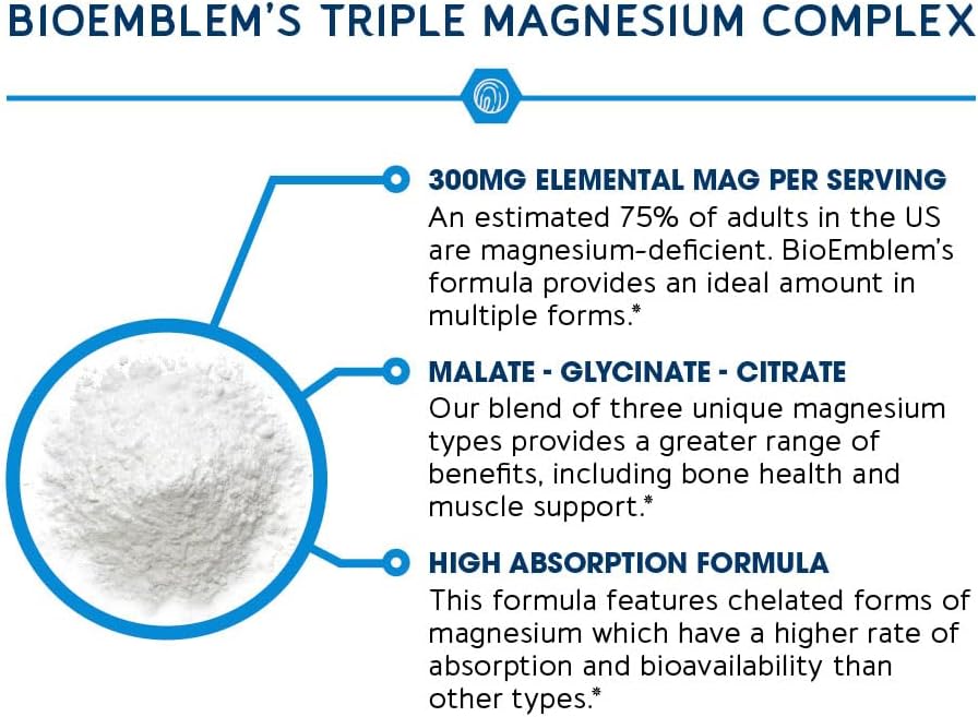 BioEmblem Complejo triple de magnesio de alta absorción 300 mg | Glicinato de magnesio para nervios, malato para energía, suplemento para apoyar la salud muscular | Vegano, sin OMG, 90cápsulas (Importado de 🇺🇸)