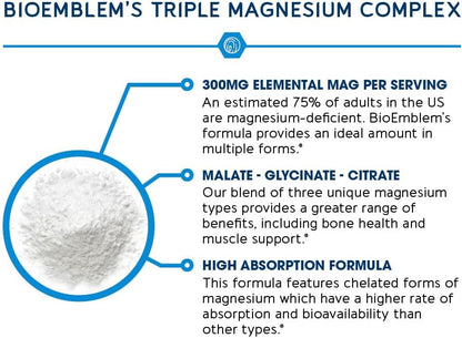 BioEmblem Complejo triple de magnesio de alta absorción 300 mg | Glicinato de magnesio para nervios, malato para energía, suplemento para apoyar la salud muscular | Vegano, sin OMG, 90cápsulas (Importado de 🇺🇸)