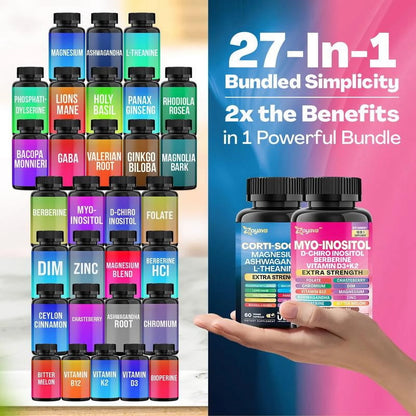 Combo Corti Health + Myo Inositol: Suplementos naturales concentrados en cápsulas (29 en 1) Magnesio, Ashwagandha, L-theanine, berberina y complejos vitamínicos  - 170 Cápsulas.