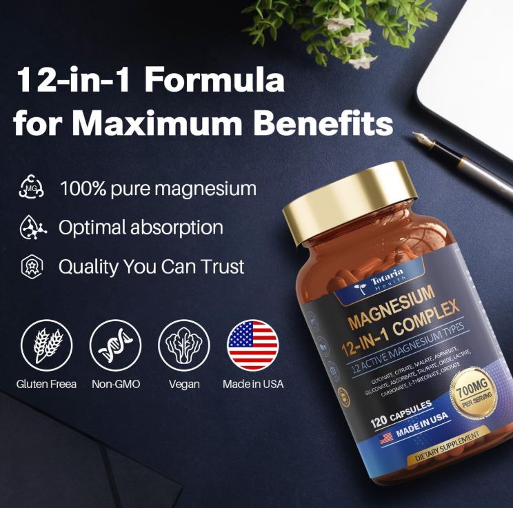 Magnesio Total 12X™:12 formas altamente absorbibles para energía, relajación, huesos fuertes y salud integral 💪🧠💤 (120 cápsulas)
