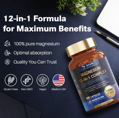 Magnesio Total 12X™:12 formas altamente absorbibles para energía, relajación, huesos fuertes y salud integral 💪🧠💤 (120 cápsulas)