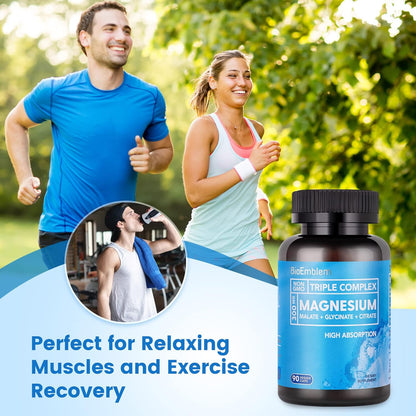 BioEmblem Complejo triple de magnesio de alta absorción 300 mg | Glicinato de magnesio para nervios, malato para energía, suplemento para apoyar la salud muscular | Vegano, sin OMG, 90cápsulas (Importado de 🇺🇸)
