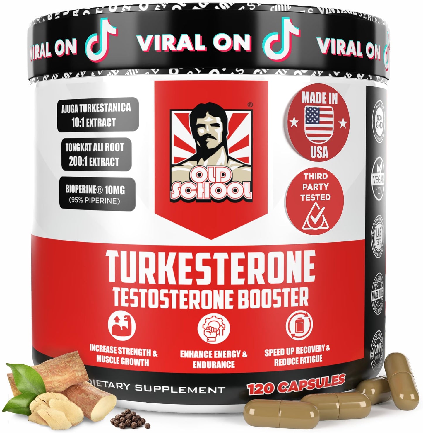 Old School Labs Suplemento de testosterona para hombres – Turkesterona 1500 mg de potencia máxima + Tongkat Ali y BioPerine® – Crecimiento muscular, recuperación, impulso y resistencia – 120 cápsulas
