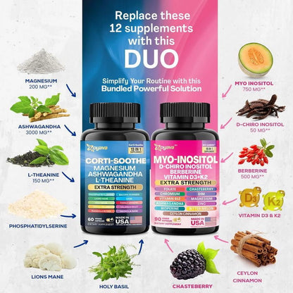Combo Corti Health + Myo Inositol: Suplementos naturales concentrados en cápsulas (29 en 1) Magnesio, Ashwagandha, L-theanine, berberina y complejos vitamínicos  - 170 Cápsulas.