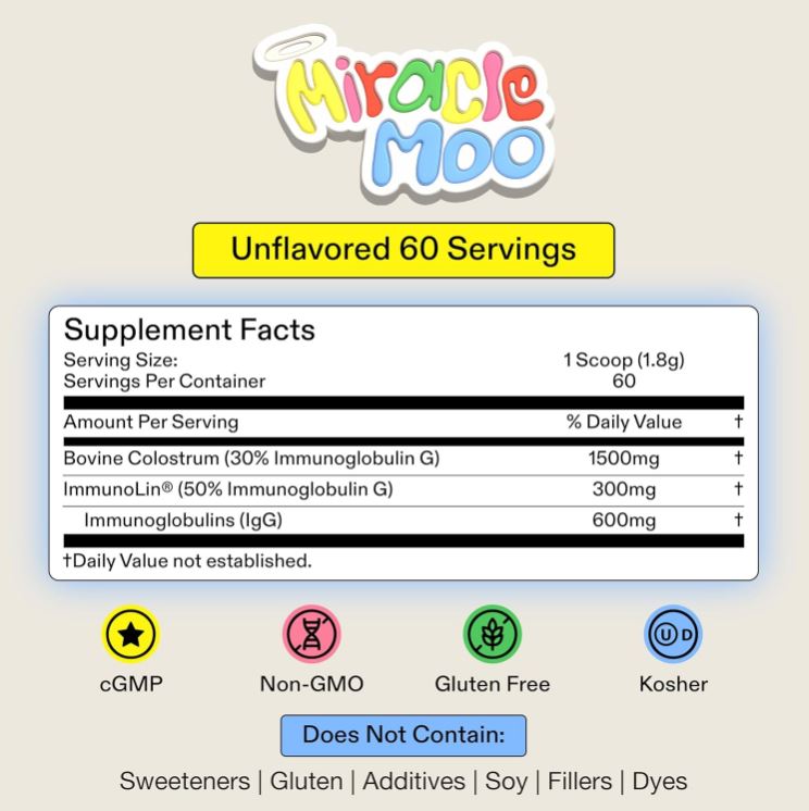 Miracle Moo™ 🌟🥛 Suplemento de Colostrum + Immunolin: Fortalece el sistema inmune, mejora tu salud intestinal y tu cabello piel y uñas.