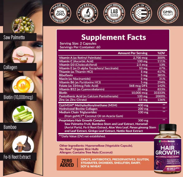 Hair Growth - “💇‍♀️ El Suplemento Americano que Hace Crecer tu Cabello MÁS RÁPIDO, FUERTE y BRILLOSO ✨” (120 Cápsulas)