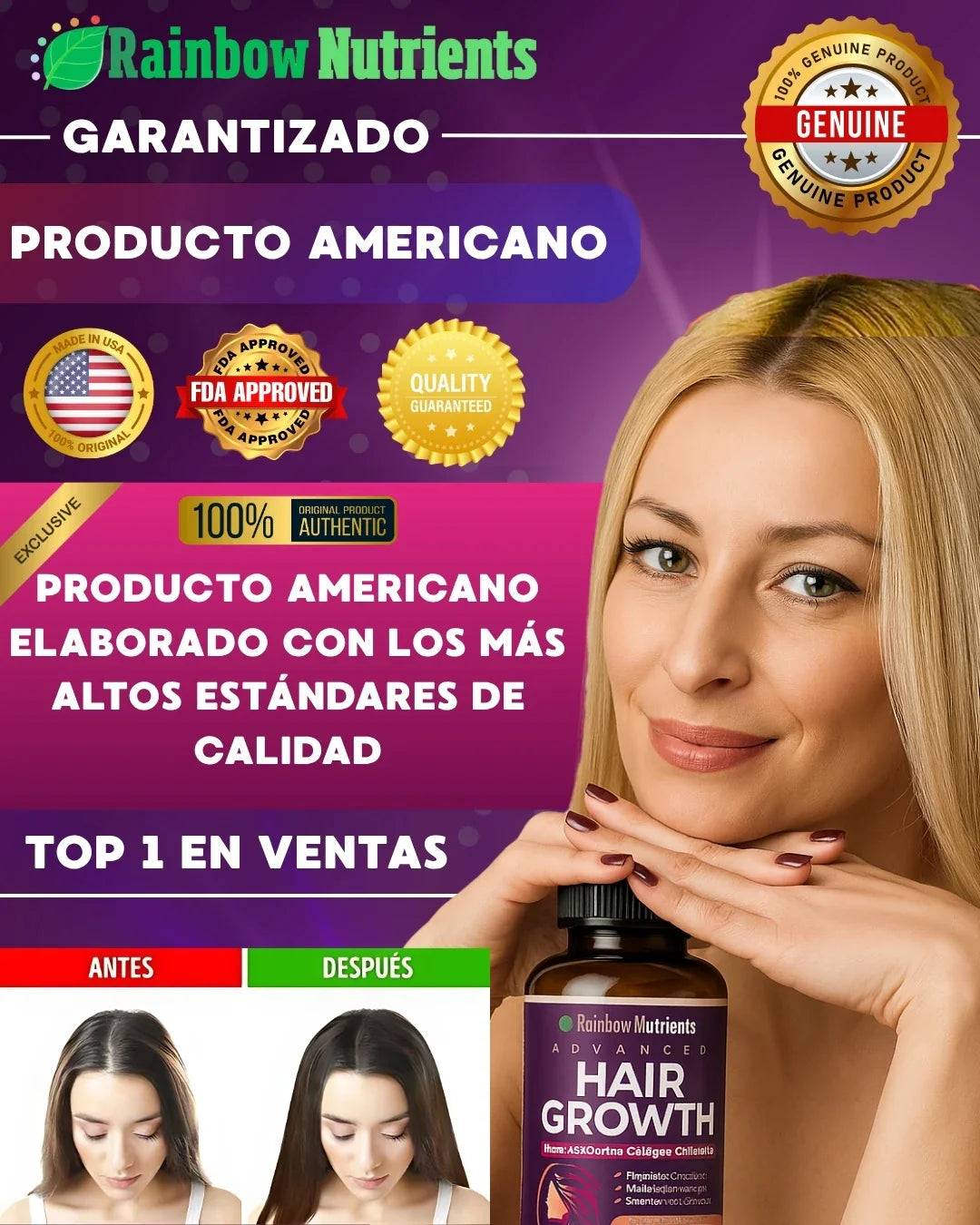 Hair Growth - “💇‍♀️ El Suplemento Americano que Hace Crecer tu Cabello MÁS RÁPIDO, FUERTE y BRILLOSO ✨” (120 Cápsulas)