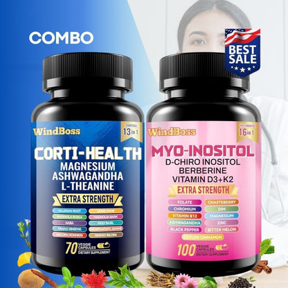 Combo Corti Health + Myo Inositol: Suplementos naturales concentrados en cápsulas (29 en 1) Magnesio, Ashwagandha, L-theanine, berberina y complejos vitamínicos  - 170 Cápsulas.