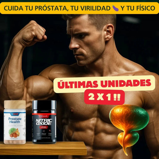 Nitric Oxide Booster™ + Prostate Health en pack 2x1: con Saw Palmetto 🌴, Hongos medicinales, Licopeno, L-Arginina ⚡ y Beta-Alanina 🔥 (120 cápsulas)