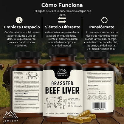 Suplemento de hígado de res alimentado con pasto – 3000 mg de órganos desecados liofilizados – Fuente de nutrientes para articulaciones, huesos, cabello, piel, uñas y energía diaria – 120 cápsulas (Importado de 🇺🇸)